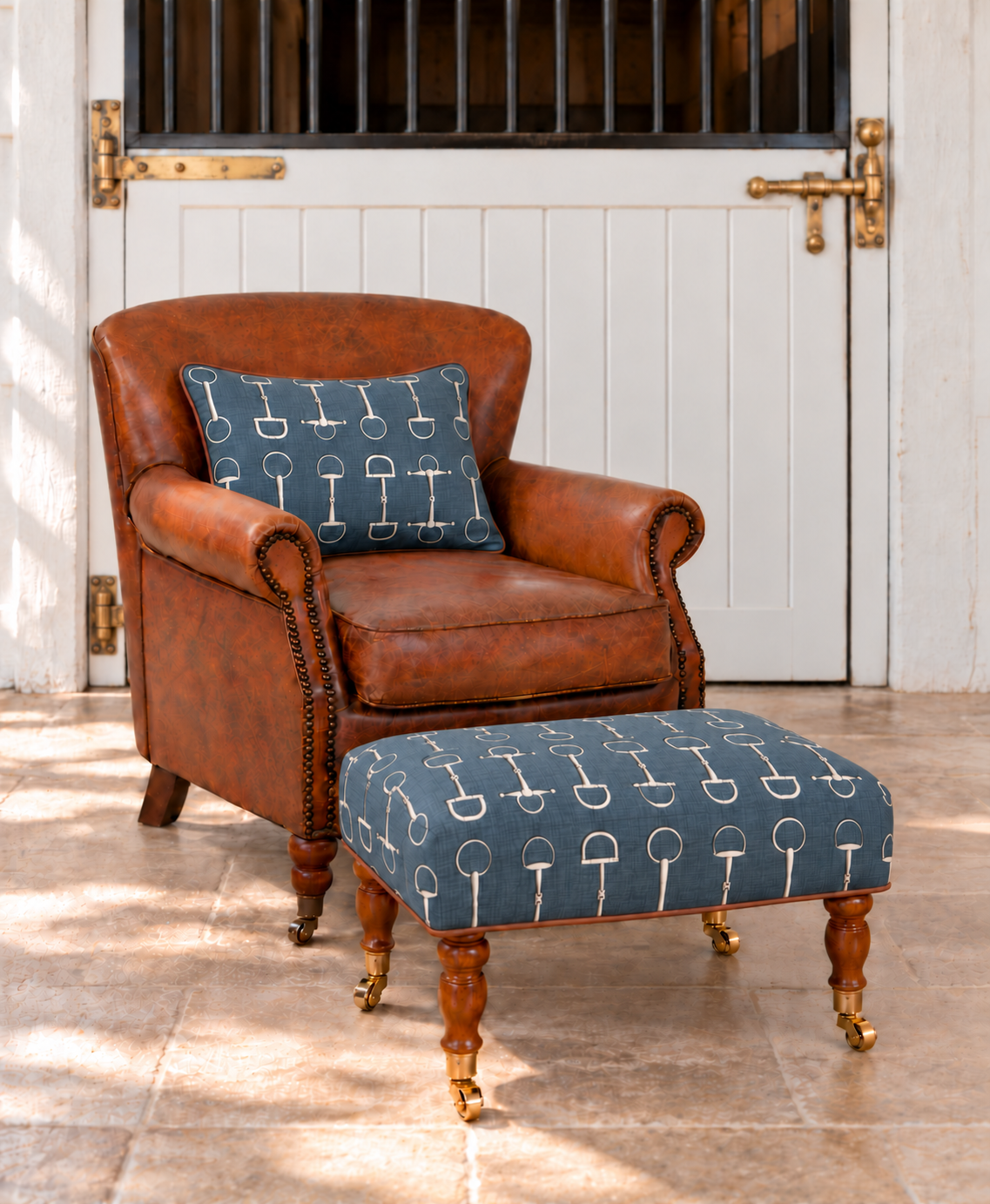 Blue Bits Footstool & Lumbar Cushion Set