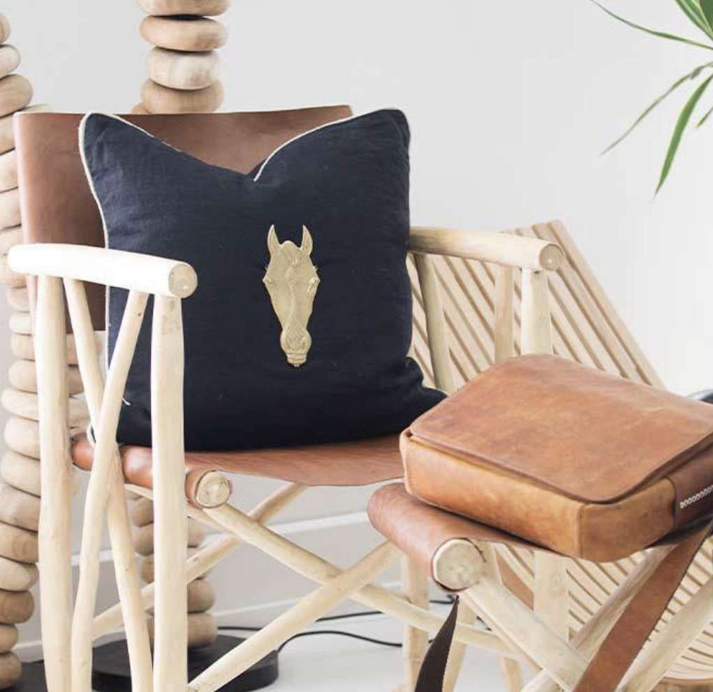 Bandhini Metal Horse Head Cushion Black with Natural Piping
