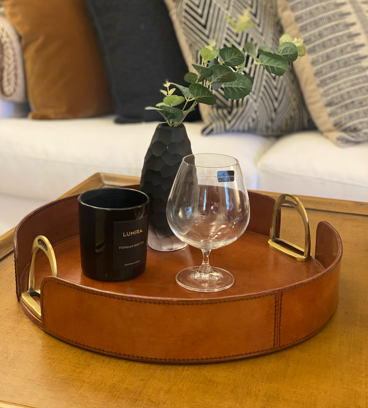 Round Leather Stirrup Tray Tan