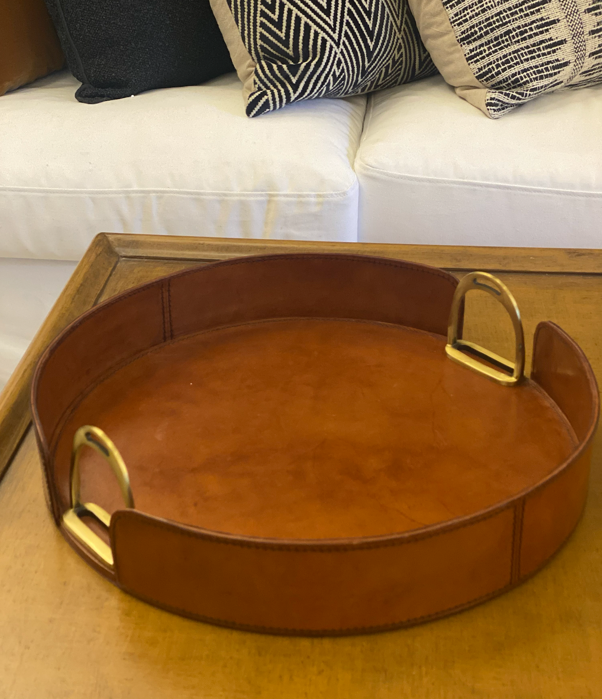 Round Leather Stirrup Tray Tan