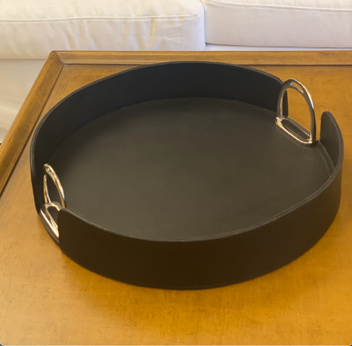 Round Leather Stirrup Tray Black