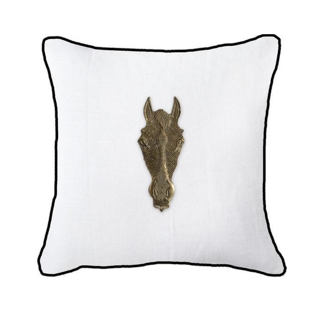 Bandhini Metal Horse Head Cushion White with Black Piping