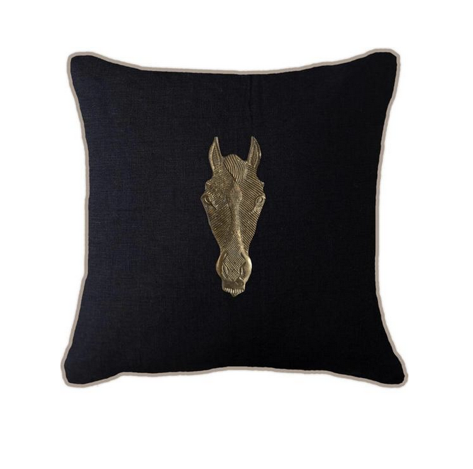 Bandhini Metal Horse Head Cushion Black with Natural Piping