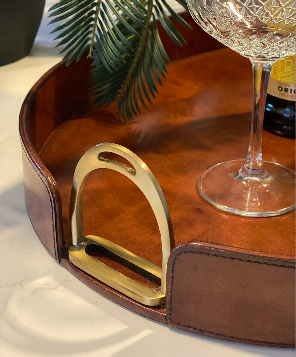 Oval Leather Stirrup Tray Tan