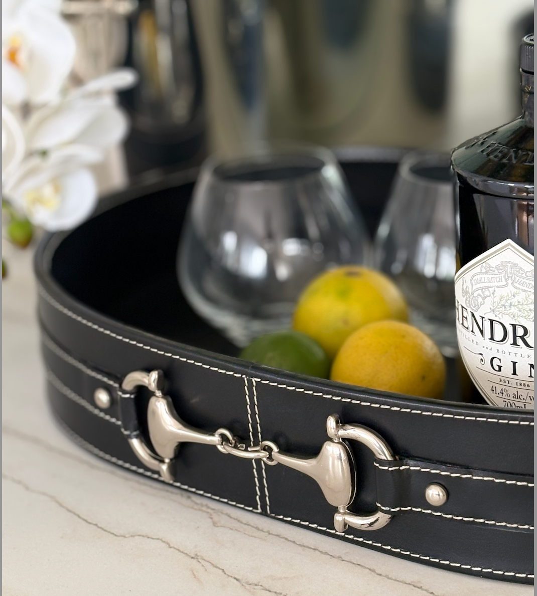 Oval Black Leather Horse Bit Tray