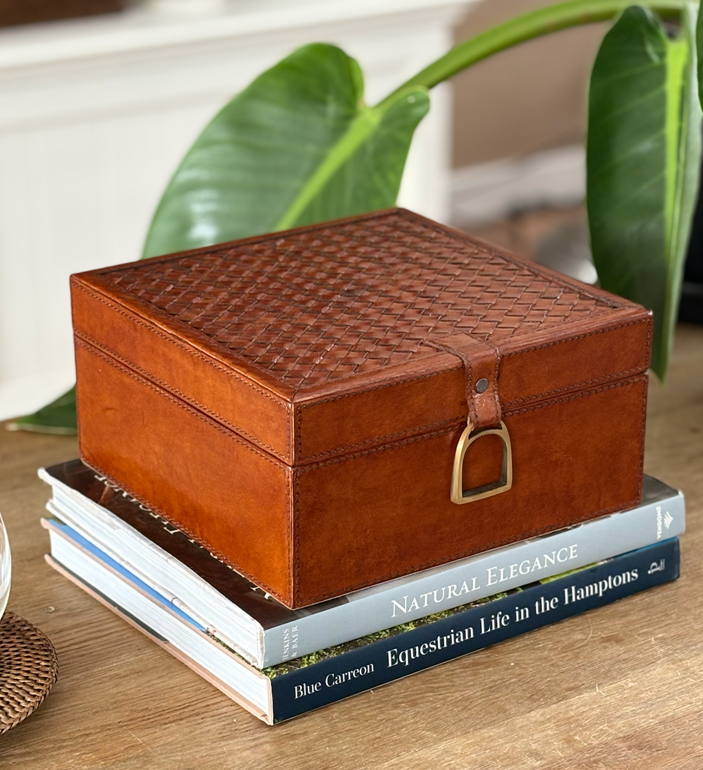 Woven Leather Storage Box- Tan