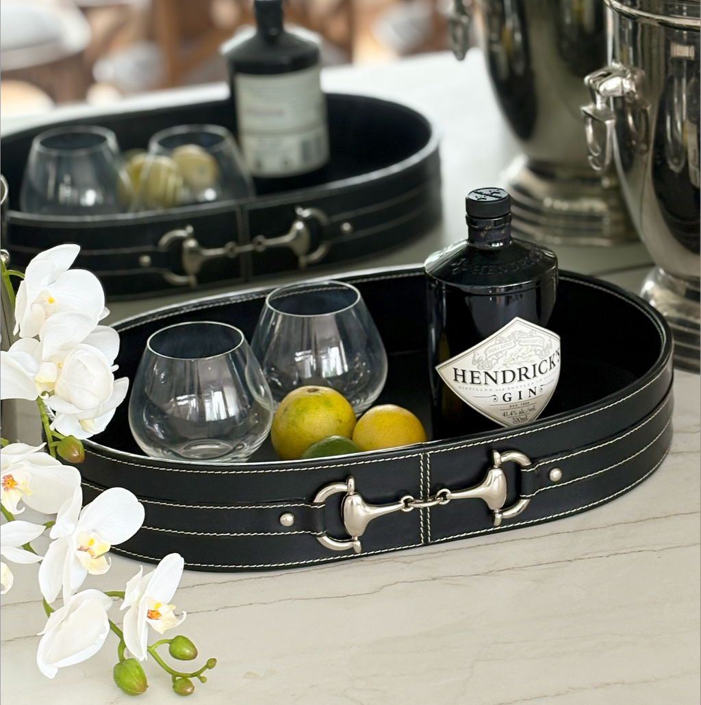 Oval Black Leather Horse Bit Tray